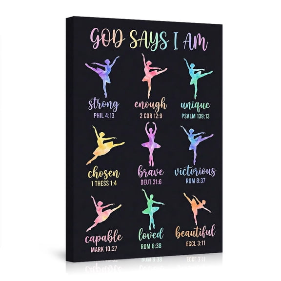 "God Says I Am" Ballerina Canvas Wall Art, Watercolor Ballet Dancer Christian Affirmations, Inspirational Decor for Girls Bedroom, Dance Studio & Nursery