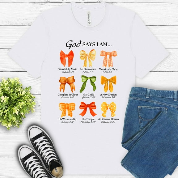 God Says I Am Christian T-Shirt | Bible Verse Bow Graphic Tee for Women, White, 3XL