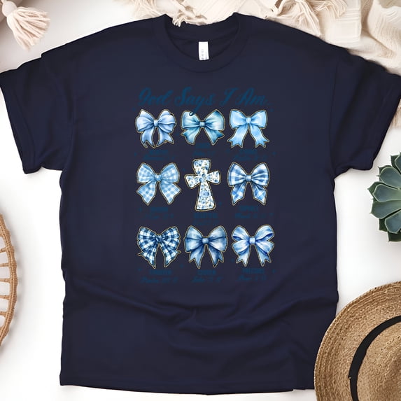 “God Says I Am” Christian T-Shirt - Blue Bow Scripture Verse Graphic Tee, Navy, Size M