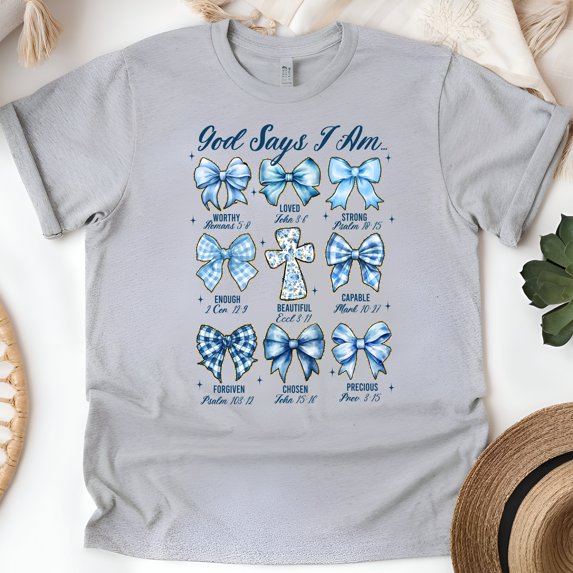 “God Says I Am” Christian T-Shirt - Blue Bow Scripture Verse Graphic Tee, Sport Grey, Size 4XL