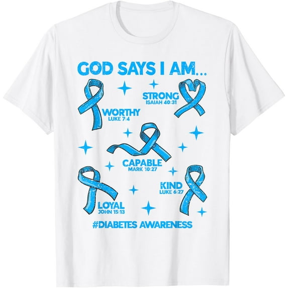 God Says I Am Diabetes Awareness Ribbon Men Women Christian T-ShirtMen and women, Black T-shirt, size: Extra large S-4XL