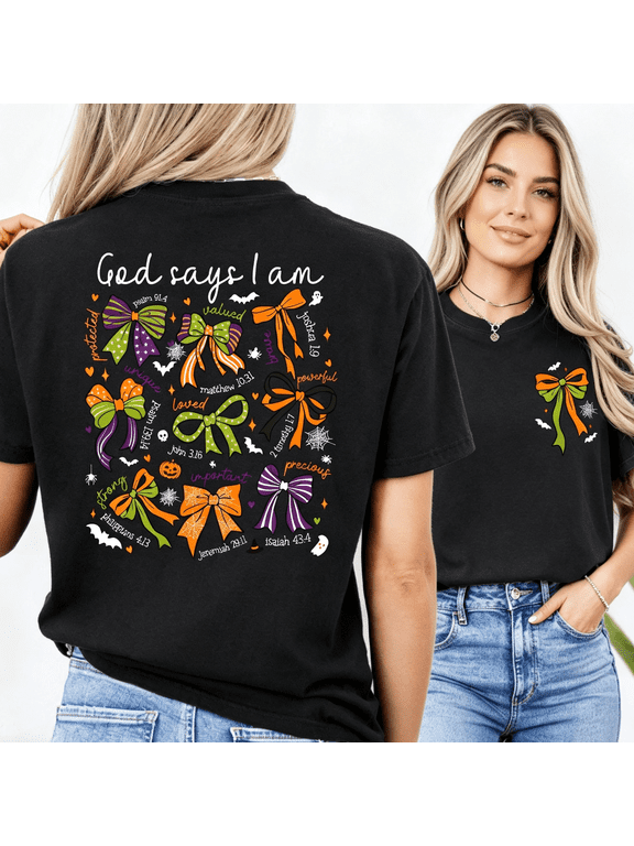 God Says I Am Halloween Coquette Bow Graphic Print,Retro Christian Casual Tee For Women
