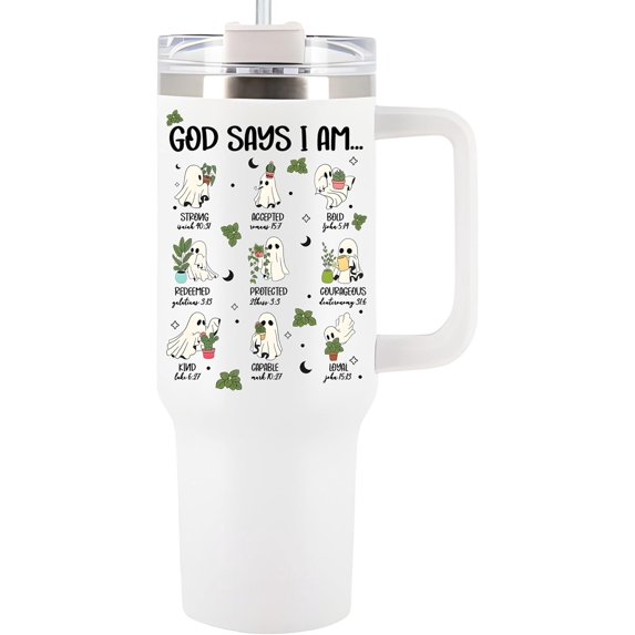 God Says I Am Tumbler 40Oz With Handle, Boo And Plant Spirit Gift For Plant Lover, Women, Men, Sister Cute Ghost Gift Halloween Kitchen Decor, Crazy Plant Gift For Plant Lover, Gardener, Friends