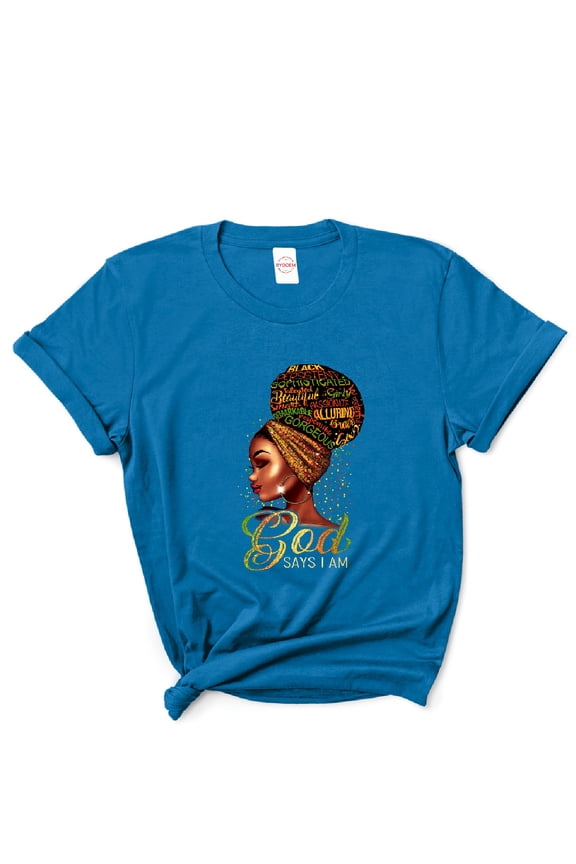 God Says I Am Women's Blue Short Sleeve Graphic T-Shirt, X-Large