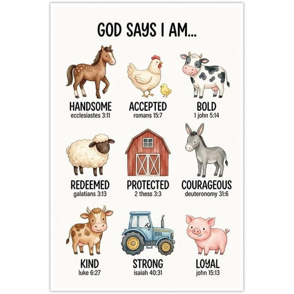 God Says I Am Christian Wall Art Canvas Poster Inspirational Bible Verse Scripture Decor Kids Nursery Bedroom Farmhouse Home Positive Affirmation Farm Animals Prints
