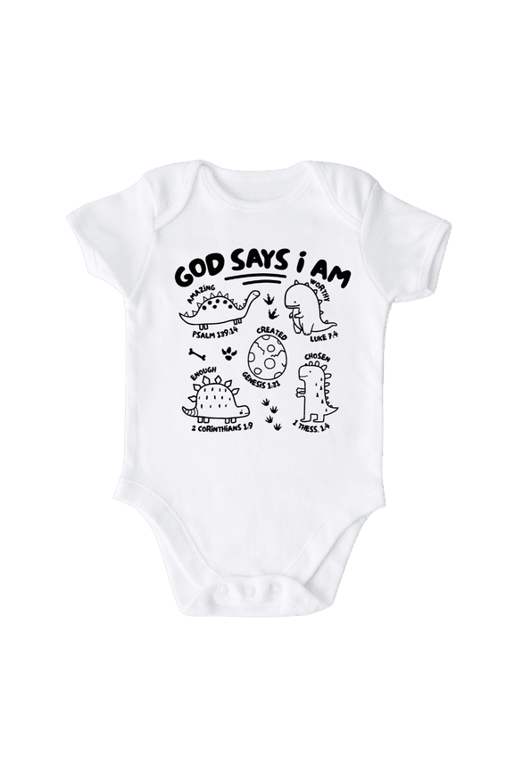 God Says I am Dinosaurs Shirt Premium Custom Baby Clothes Unisex Baby Announcement Gift for Mom Newborn Outfit 18m White