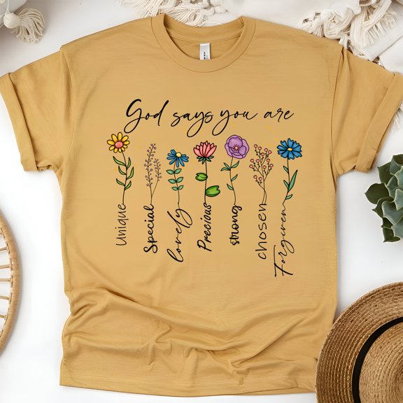 God Says You Are Christian T-Shirt Inspirational Floral Graphic Tee, Gold, Size L