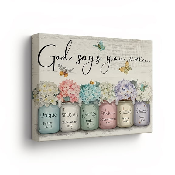 God Says You Are Inspirational Canvas Wall Art with Floral Mason Jars and Bible Verses