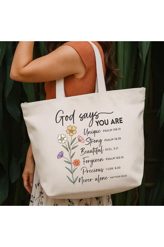 God Says You Are Zippered Tote Bag, Christian Floral Faith Design, Inspirational Canvas Sh