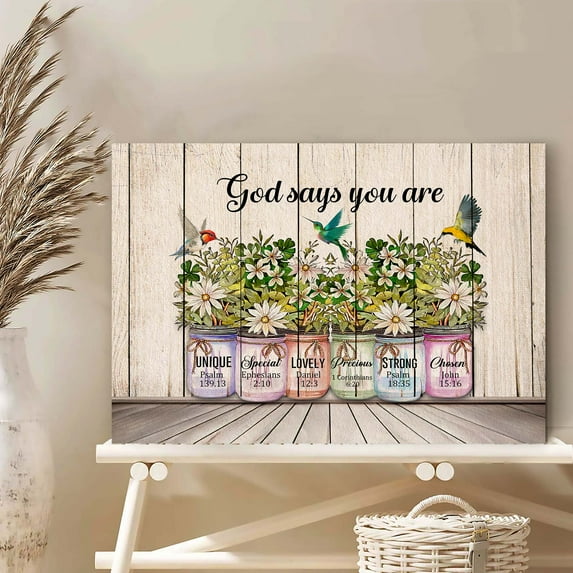 God Says You Are Canvas Wall Art – Christian Bible Verse Home Decor – Rustic Mason Jar Floral Print with Birds – Inspirational Religious Gift for Women, Girls, or Family – Ready to Hang