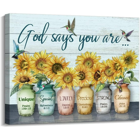 God Says You are Canvas Wall Art Hummingbird Sunflower Positive Quotes Farmhouse Wall Decor for Home Office Apartment Paintings Ready to Hang (11.6 x 13.7 inch, Blue - God)