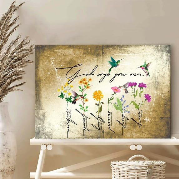 God Says You Are Canvas Wall Art – Vintage Floral Scripture Affirmations with Hummingbirds – Christian Inspirational Décor for Women, Girls, or Family – Faith-Based Wall Print – Ready to Hang