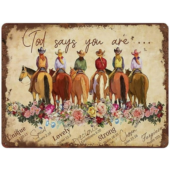God Says You are Cowgirl Bible Verse Inspirational Vintage Tin Sign for Horse Lovers Cowgirl Christian Art Vintage Wall Decor 5.5x8 Inch