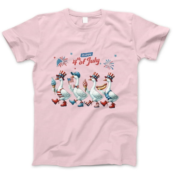 Happy 4th of July Duck Parade T-Shirt – Funny Patriotic Goose Shirt with Fireworks & Food – USA Independence Day Graphic Tee for Women, Summer BBQ, Animal Lovers