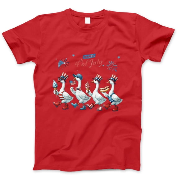 Happy 4th of July Duck Parade T-Shirt – Funny Patriotic Goose Shirt with Fireworks & Food – USA Independence Day Graphic Tee for Women, Summer BBQ, Animal Lovers