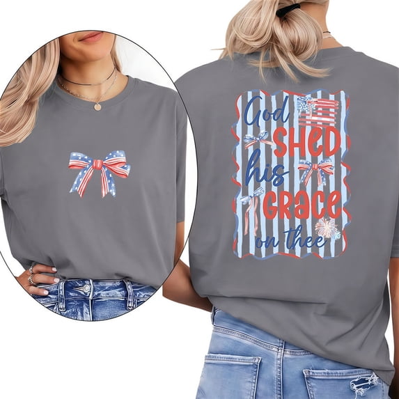God Shed His Grace On Thee 4th of July 2 Sided Print T Shirts Patriotic Christian Daily Outfits popular round-neck retro Tops