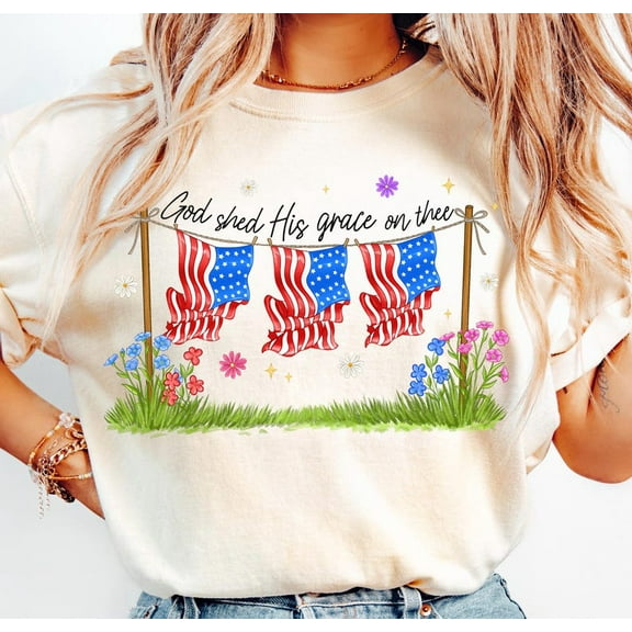 God Shed His Grace T-Shirt– Floral USA Flag Tee with Christian Message, God Bless America Patriotic Garden-Inspired