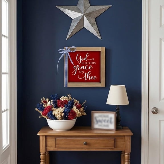 "God Shed His Grace on Thee" Patriotic Wooden Shadow Box Sign with Gingham Ribbon 4th of July & Faith-Based Home Decor (6"x6")