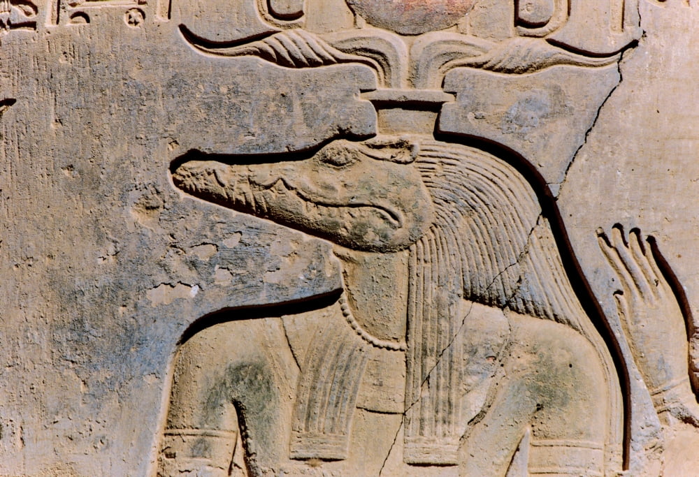 God Sobek painting carved on remains of a column Temple Of Kom Ombo Kom Ombo Egypt Canvas Art - Panoramic Images (18 x 24)