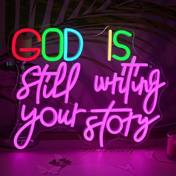 God Is Still Writing Your Story Neon Sign USB Christian Neon Light Sign Wall Decor Dimmable LED God Neon Light for Church Bedroom Wedding Birthday Party Neon Sign(16.5"*12.6")