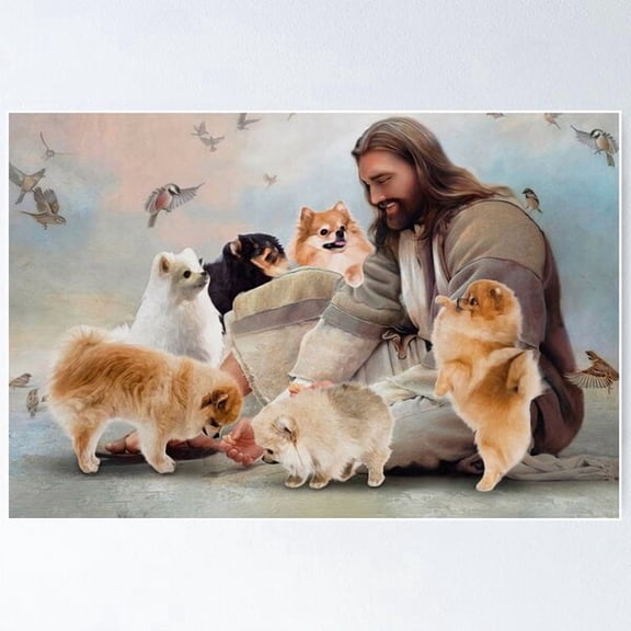God Surrounded By Pomeranian Angels Gift For Who Love Jesus And Pomeranian Dog Poster , Poster Print Only