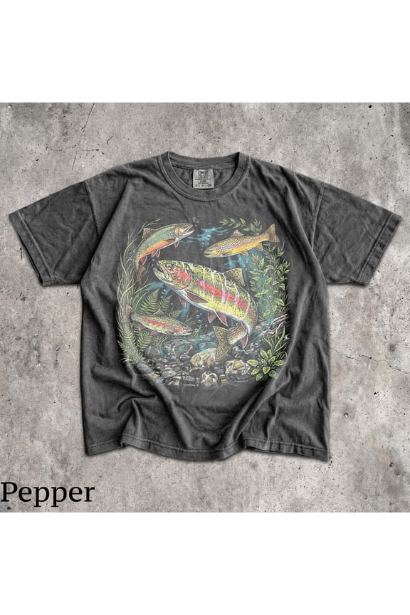 90s River Wildlife T-Shirt - Men & Women's Unisex Graphic Tee - Vintage Rainbow Trout Tee - Fishing Shirts - Retro Fish Shirt - Nature Top, Black S