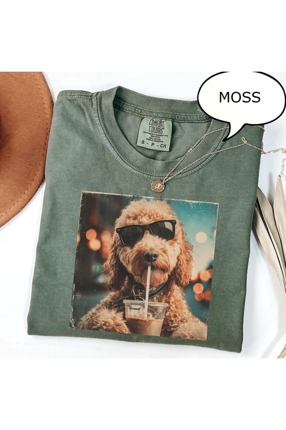Comfort ColorsĀ® Cute Goldendoodle Drinking Iced Coffee T-Shirt, Dog Lover Gift, Coffee Dog Shirt, Pet Owner Gift, Ivory S