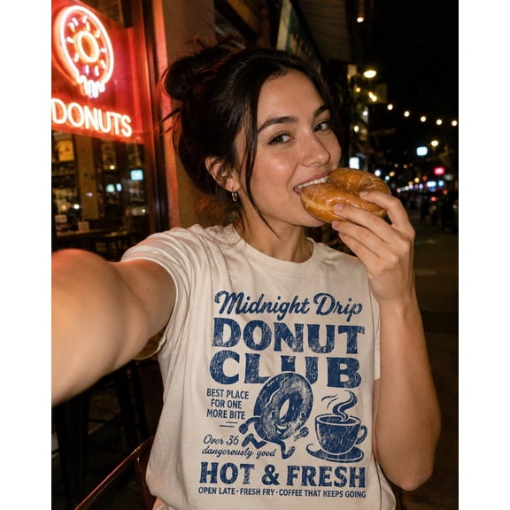 God Tee Comfort Colors® Midnight Drip Donut Club Unisex Shirt, Vintage Coffee Tee for Late Night Snack Lovers Retro Diner Graphic T Shirt, Ivory S