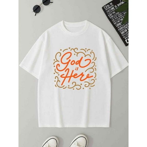 God Is Here Tee for men 180G 100% Cotton white Unique Design Unisex Shirt Graphic Tee tshirts Classic Unisex Shirt Crewneck tshirts Original Unisex Shirt Printed tshirts