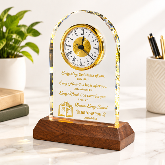 God Themed Decorative Glass Clock With Wooden Base, 11.02 x 9.33 x 4.41 in