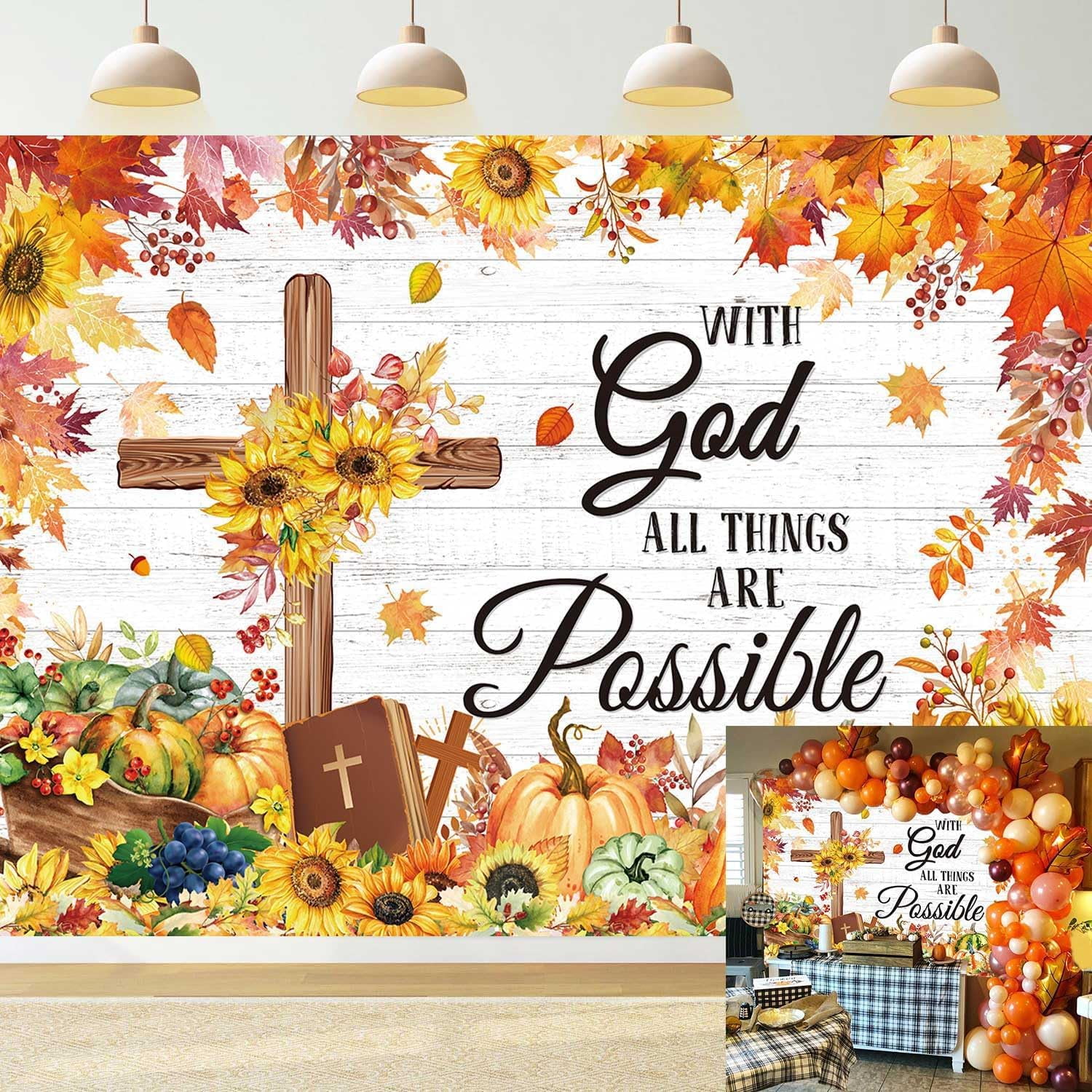 With God All Things are Possible Backdrop Autumn Maple Leaves