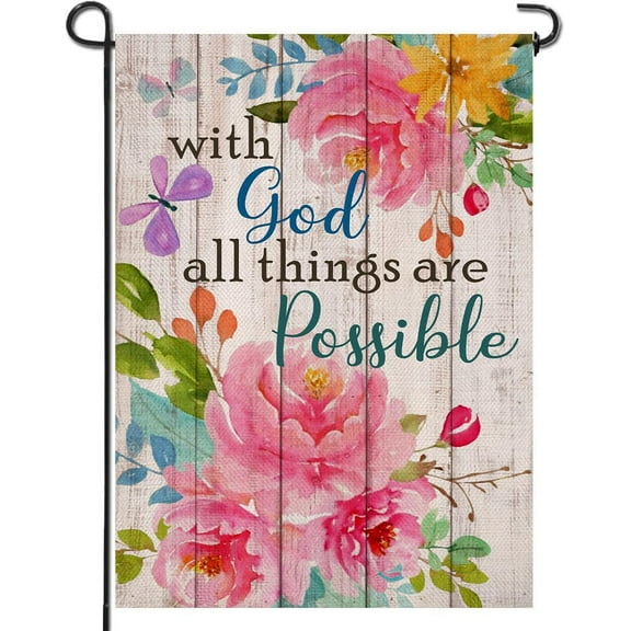with God all Things are Possible Christian Home Decorative Garden Flag, Spring Summer Religious House Yard Outdoor Peony Flower, Inspirational Butterfly Outside Farmhouse Small Decor 12 x 18