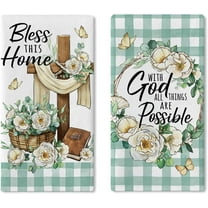 with God All Things are Possible Christian Kitchen Dish Towels Set of 2, Religious Cross Flower Easter Drying Hand Towels Baking Cooking Cloth, Spring Summer Plaid Farmhouse Home Decor 18 x 26