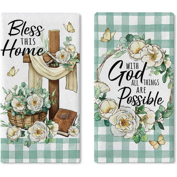 with God All Things are Possible Christian Kitchen Dish Towels Set of 2, Religious Cross Flower Easter Drying Hand Towels Baking Cooking Cloth, Spring Summer Plaid Farmhouse Home Decor 18 x 26