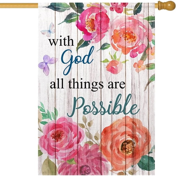 With God All Things Are Possible Garden Flag Blooming Floral Wood Wall Garden Flag 28x40 inch Double Sided Small Burlap Yard Flag Vertical Seasonal Farmhouse Yard Outside Decorations