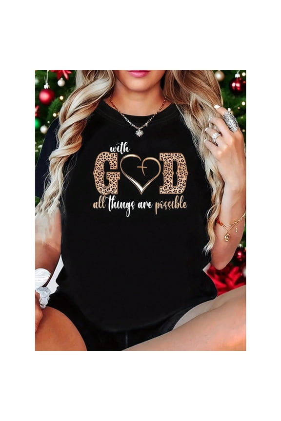 With God All Things Are Possible Heart Women Christian Faith 1 Pcs Women's Plus Size T-Shirt Funny Oversized Graphic Short Sleeve Tee Novelty 100% Polyester Shirt Casual Crew Neck Top 220g