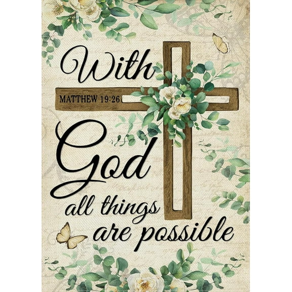 With God All Things are Possible Spring Summer Decorative Garden Flag, Easter Religious Cross Eucalyptus Leaves Home Yard Outdoor Decor, Flower Small Outside Decoration Double Sided 12 x 18