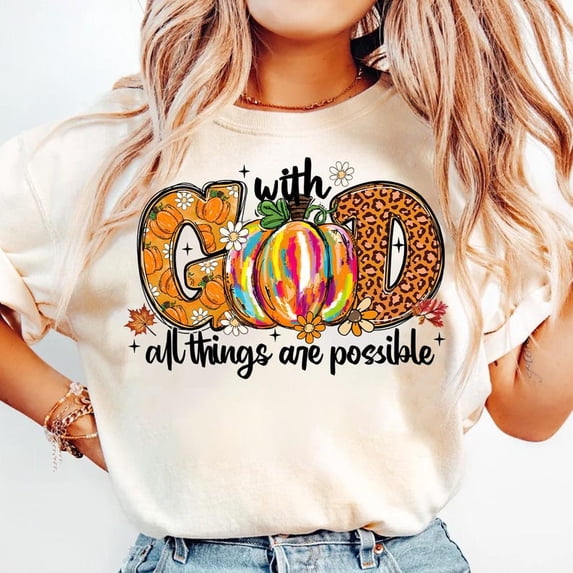 With God All Things Are Possible Sweatshirt, Fall Christian Shirt with Pumpkin and Leopard Print, Retro Faith-Based Autumn SWEAT Sweatshirt for Women BO120720