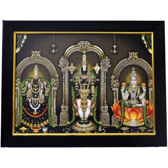 God Tirupati Balaji with Goddess Padmavati and Lakshmidevi, Religious Frame, 13 x 10 inches, Wall Mount
