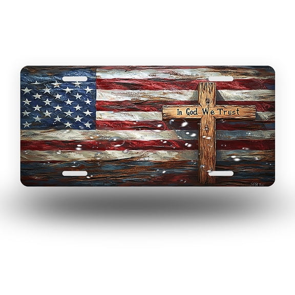 In God We Trust Cross on American Flag Front License Plate, Funny Standard Plates Personalized Novelty Decorative For Men/Women/Boys/Girls Car 6×12 Inch