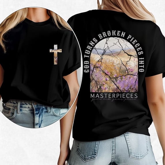 God Turns Broken Pieces Into Masterpieces Christian Print Tshirts Christian Motivational Graphic Tees Short Sleeve Casual Cotton Shirts Black,M