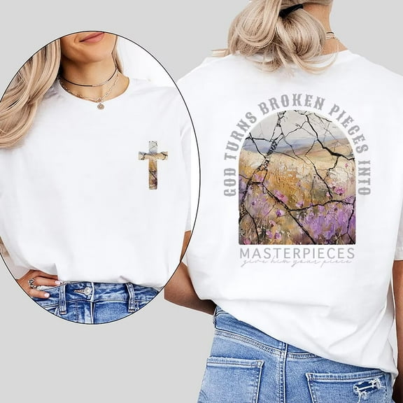 God Turns Broken Pieces Into Masterpieces Christian Print Tshirts Christian Motivational Graphic Tees Short Sleeve Casual Cotton Shirts White,S