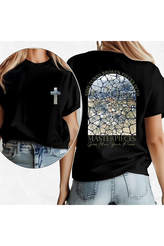 God Turns Broken Pieces Print T-shirts Bible Verse Graphic Tee Christian Resilience Shirts Kintsugi Design Fashion Short Sleeve Tops Black,4XL