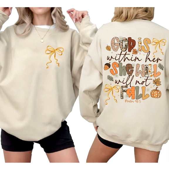 God Is Within Her Coquette Double-Sided Sweatshirt – She Will Not Fall Christian Sweater, Bible Verse Faith Pullover, Jesus Inspirational Top, Thanksgiving Gift for Women