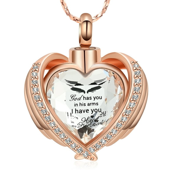 God has you in his arm i have you in my  heart -angel wing crystal heart Cremation Urn Pendant Cremation Jewelry for Ashes Urn Necklace