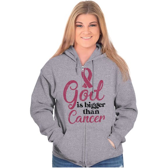 God is Bigger Than Cancer BCA Ribbon Womens Plus Size Graphic Zipper Hoodie Brisco Brands 4X