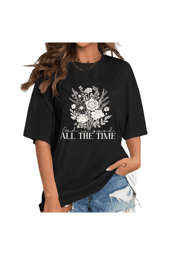 God is Good All The Time Lettering Print T-shirts Christian Flower Biblical Saying Religious Graphic Tees Casual Short Sleeve Tops Black,S