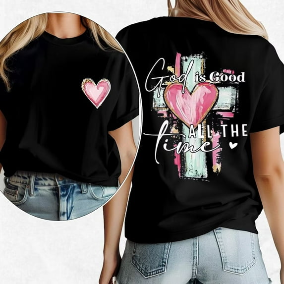 "God is Good All The Time" Print T Shirts Cross & Faith Christian Graphic Tees Short Sleeve Casual Pattern Tops Black,L