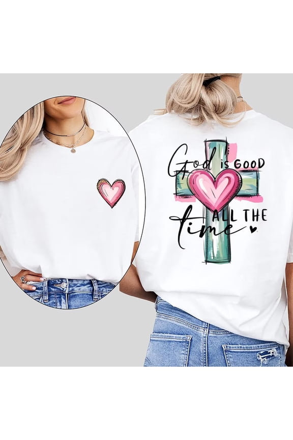 "God is Good All The Time" Print T Shirts Cross & Faith Christian Graphic Tees Short Sleeve Casual Pattern Tops White,M