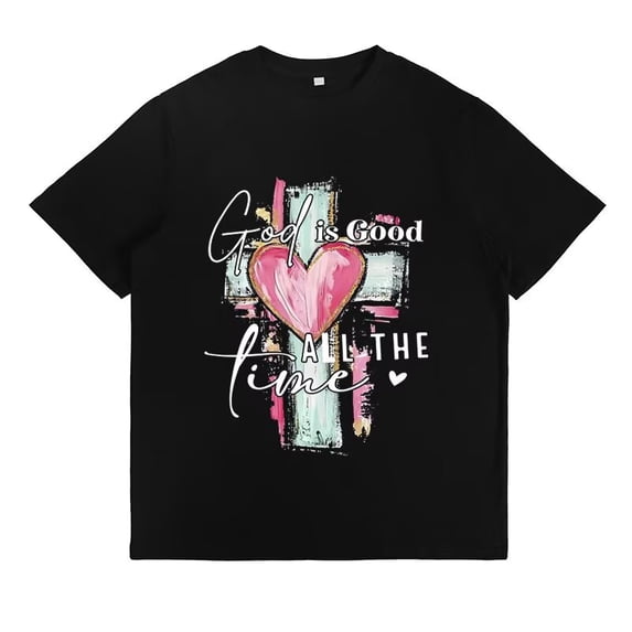 "God is Good All The Time" Print T Shirts Cross & Faith Christian Graphic Tees Short Sleeve Casual Tops for Daily Outfits Black,L